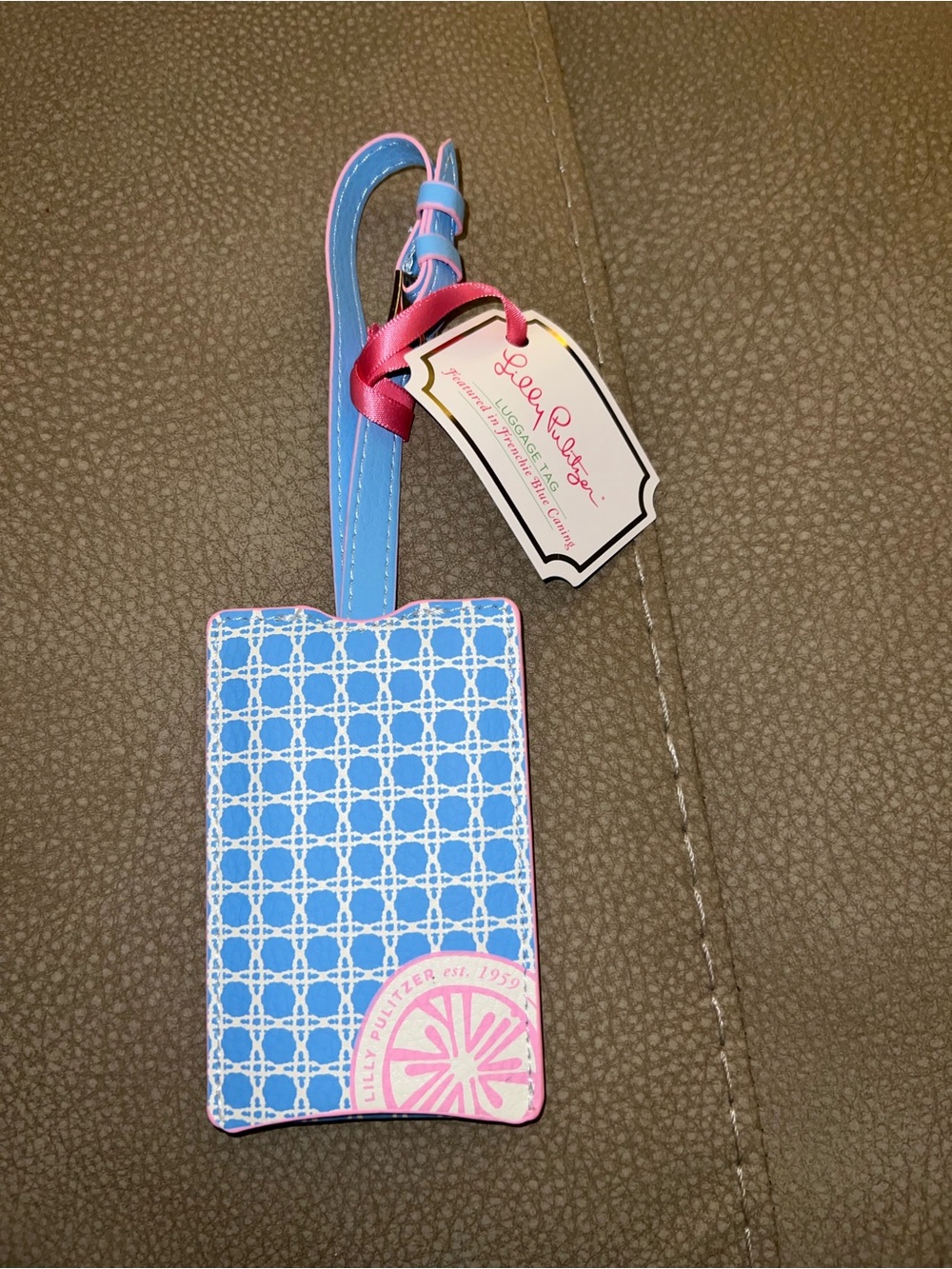 Lilly Pulitzer Blue and Pink Patterned Luggage Tag with Strap